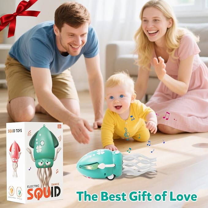 Dancing Octopus Baby Toys, Electric Crawling Squid Infant Tummy Time Toy with Light & Music, Interactive Sensory Toy for Toddlers & Kids (Ages 0-6+), Birthday Gift for 6 12 18 24 36+ Months Boy Girl
