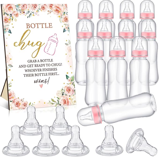 TrelaCo Floral Cool Baby Shower Games Bottle Chug Sign Wooden Floral Gift Sets Gender Reveal Party Favors and 12 Pcs Baby Bottle Shower Favor for Games Gender Reveal