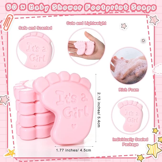 50 Sets Baby Shower Soap Favors for Guests Boy Girl Mini Handmade Scented Soaps with Thank You Tags and Organza Bags for Shower Gender Reveal Party Favors(It's A Girl,Pink Baby Feet)