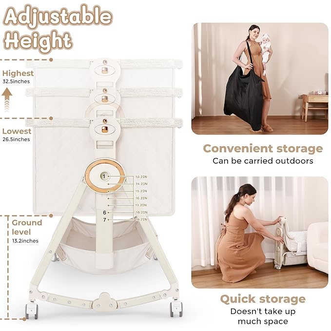 Baby Bassinet 5 in 1,Baby Bedside Bassinet with Diaper Table, Mosquito Net, Mattress, Storage Layer, Can Be Stored in One Button Travel Crib (Beige)