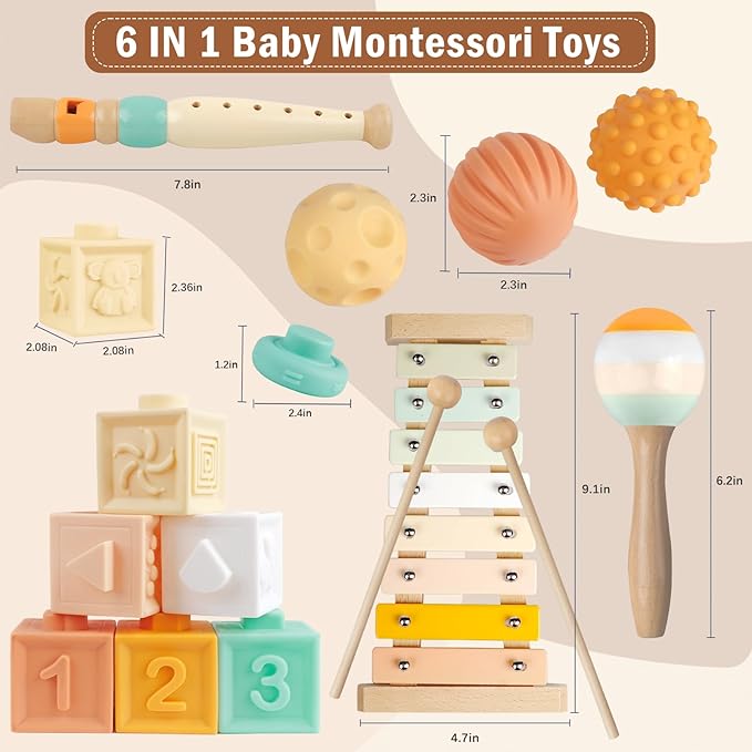 Baby Toys 6-12 Months Montessori Toys for Babies 6-12-18 Months,Wooden Stacking Building Blocks,Infant Teething Toys Sensory Balls,Xylophone Musical Toy,Birthday Gift for Toddlers 1+ Year Old (6 in 1)