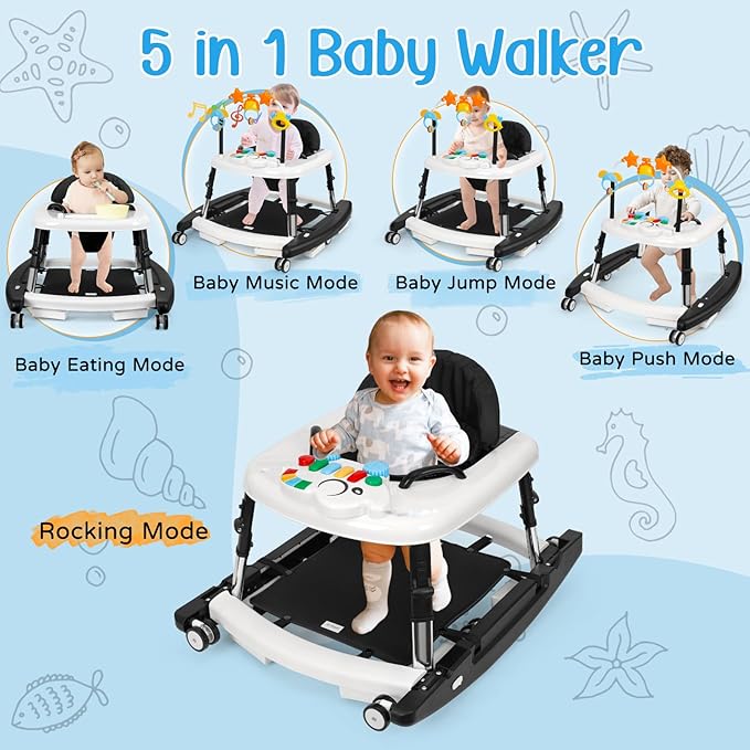 5-in-1 Music and Lights Baby Walker Foldable with 5 Adjustable Heights, Baby Walker with Wheels and Bouncer Combo Portable, Infant Toddler Walker for Baby Boy Girls 6-18 Months
