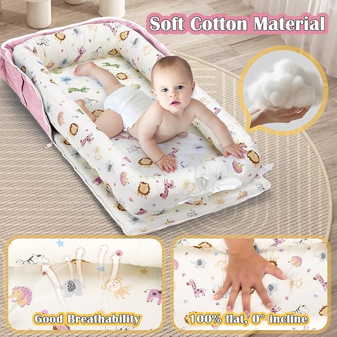 Baby Lounger for Newborn, Huggynest Portable Infant Lounger for 0-12 Months Newborn, Home Travel Dual-Purpose Baby Nest (Animal World Pink)