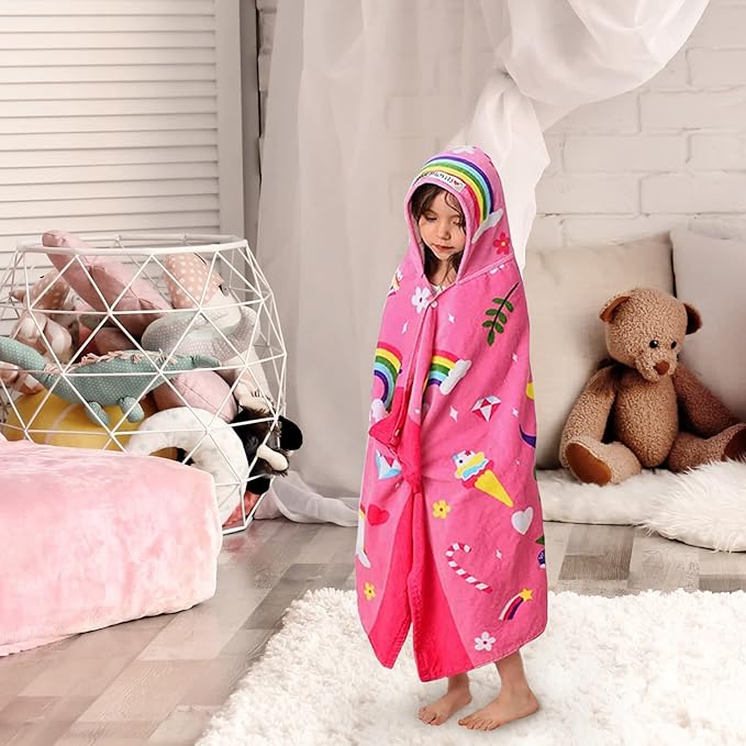 VOOVA & MOVAS Hooded Towels for Kids 3-10 Years, 30''X50, Soft Thick Cotton | Absorbent Beach, Bath, Pool Swim Towels | Cover up for Girls | Pink Floral Unicorn