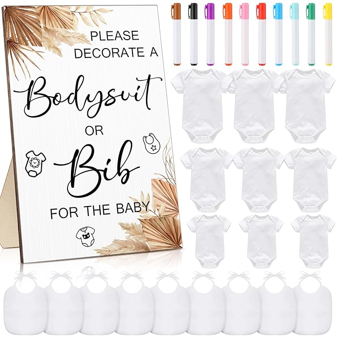 Roowest 35 Pcs Baby Shower Bibs Games Design Wooden Baby Shower Party Game Sign DIY Bodysuit Sign 15 White Blank Feeder Bibs 9 Newborn Bodysuit 10 Markers for Boys Girls(Boho)