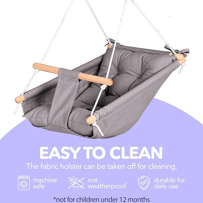CaTeam Canvas Toddler Swing – Indoor/Outdoor Hanging Chair for Patio & Playroom with Safety Belt – Wooden Baby Seat for Ages 12+ Months – Dark Gray