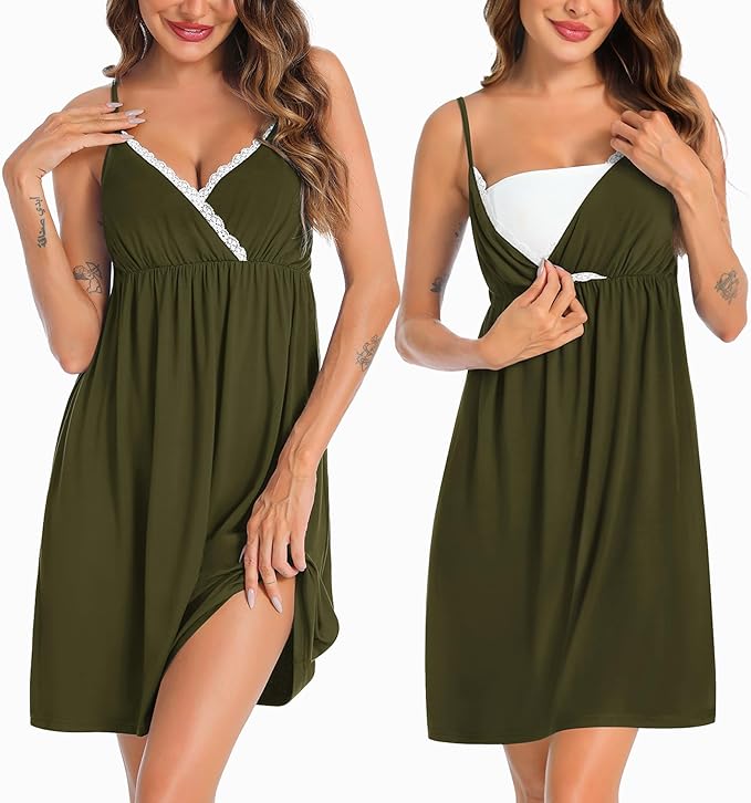 SWOMOG Womens Maternity Robe 2 Piece Nursing Nightgown for Breastfeeding 3 in 1 Labor Delivery Nursing Dress Lace Bathrobe