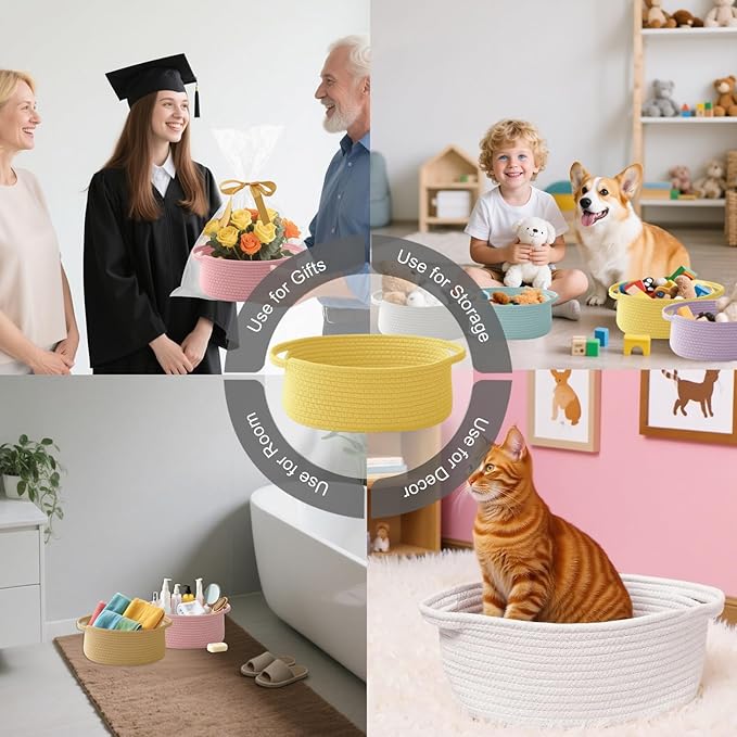 Gift Basket with Gift Bag and Ribbons,Small Rope Woven Shelf Storage,Baskets for Gifts Empty,Birthday,Shower,Decorative Organizer Box for Cat Dog Pet with Handles(Yellow)