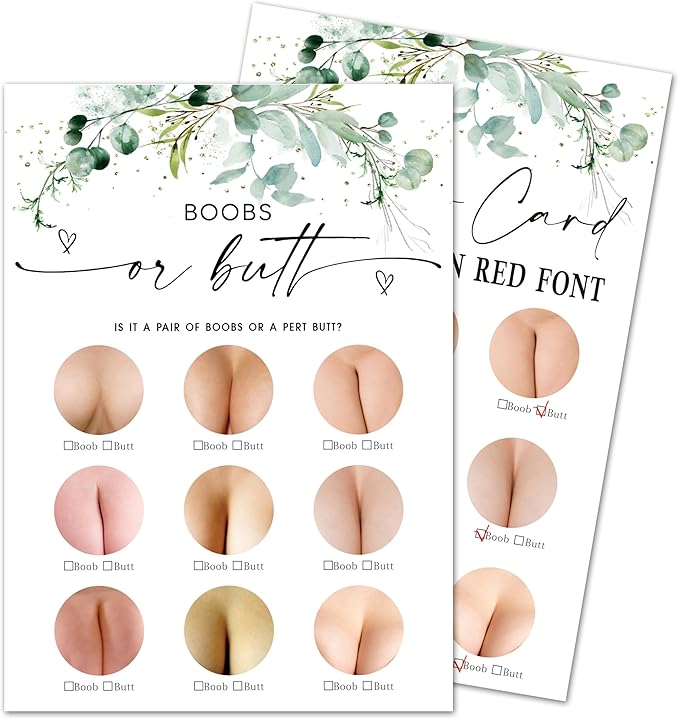 Greenery Baby Shower Game Cards - Set of 30 Boobs Or Butt - Double Sided Print Baby Announcement Gender Reveal Game Card For Parents To Be - Baby Shower Party Activities Supplies - A10