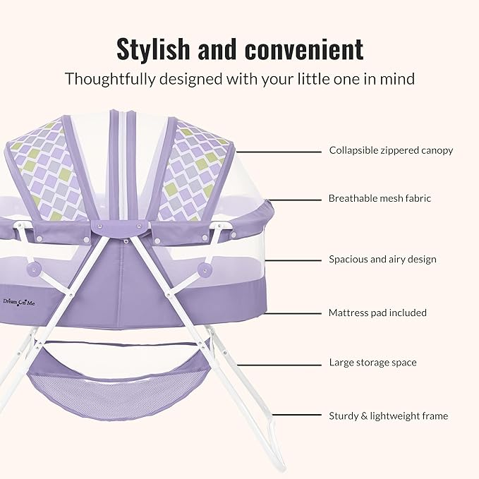 Dream On Me Karley Bassinet in Periwinkle, Lightweight Portable Baby Bassinet, Quick Fold and Easy to Carry , Adjustable Double Canopy, Indoor and Outdoor Bassinet with Large Storage Basket.
