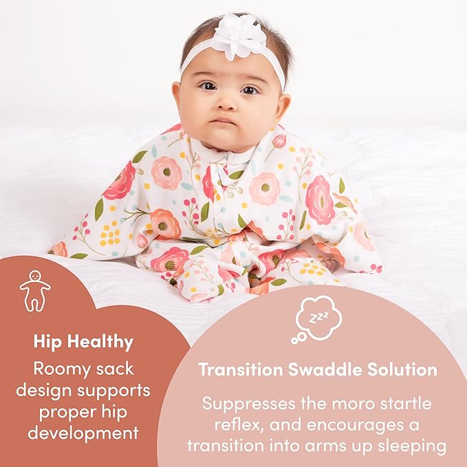 SleepingBaby Zipadee-Zip Transition Swaddle (Pretty Poppy, X-Small for 3-6 Months) and Snuggle Strap (Grey, One Size) - Wearable Baby Blanket and Accessory for Easy Diaper Changes - Polyester, Spandex