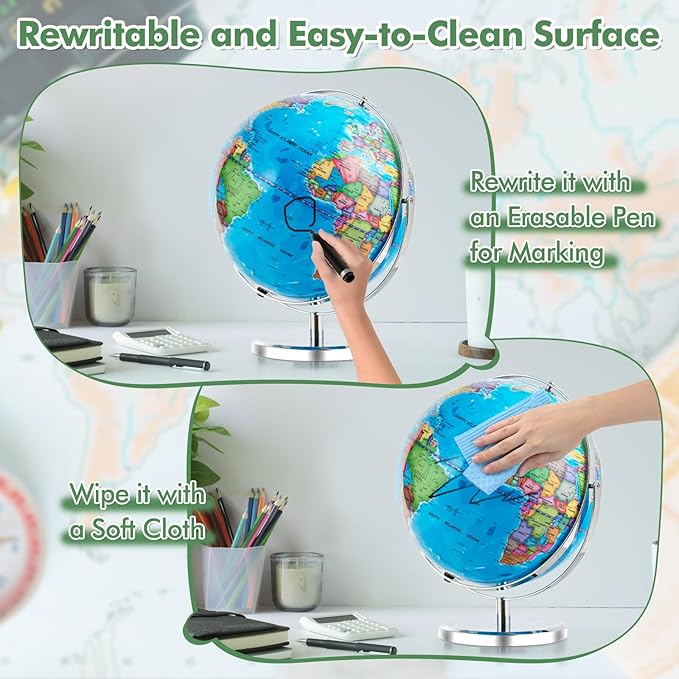 COSTWAY Illuminated World Globe, 13” Desktop Geographic Globe w/LED Light & Easy-to-Read Clear Map for Students, 720° Rotation Decoration, Educational Interactive Globe for School, Classroom