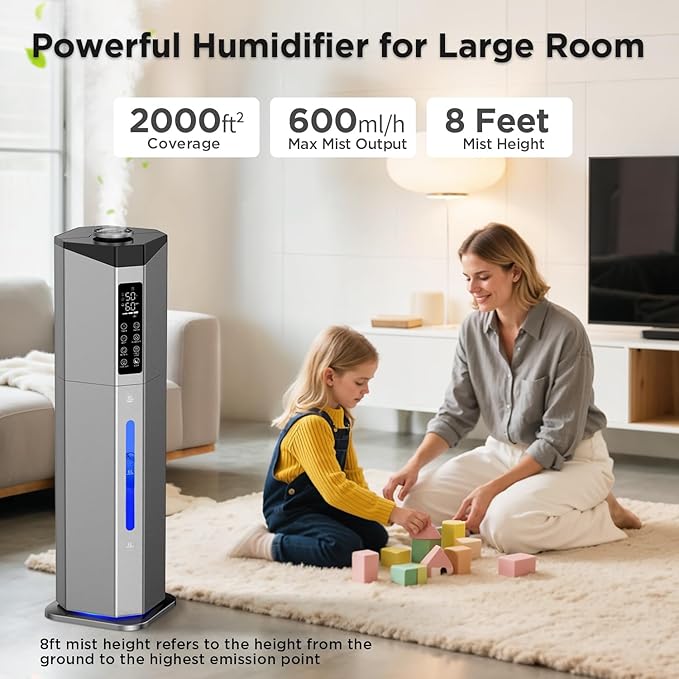 Humidifiers for Bedroom - GloryAir 2.38Gal/9L Dual Atomizers Top Fill Humidifier for Large Room 2000ftΒ² with Auto Rotation 7-Color Light Humidistat Quiet Commercial Humidifiers for Plants Baby Adults