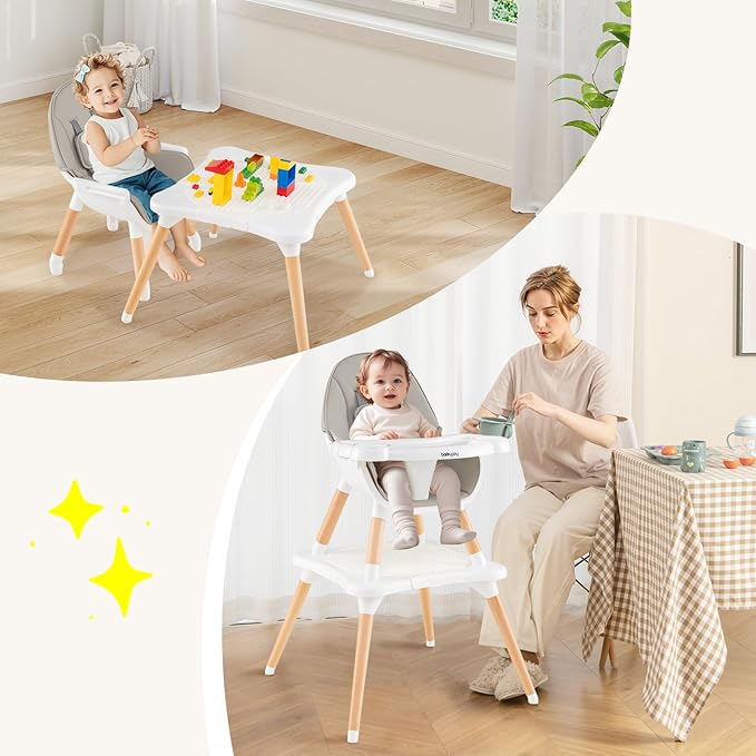 BABY JOY 6 in 1 High Chair, Convertible High Chairs for Babies and Toddlers/Booster Seat/Table and Chair Set, Infant Wooden Highchair w/ 5-Point Harness, 4-Position Removable Tray & PU Cushion (Gray)