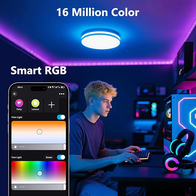 Smart Ceiling Light Replacement Kit, RGB LED Ceiling Light Retrofit Kit, 2400LM, DIY Color, Compatible with Alexa, 2700K-6500K for Bedroom, Living Room, 9.25 Inch, 120V, ETL