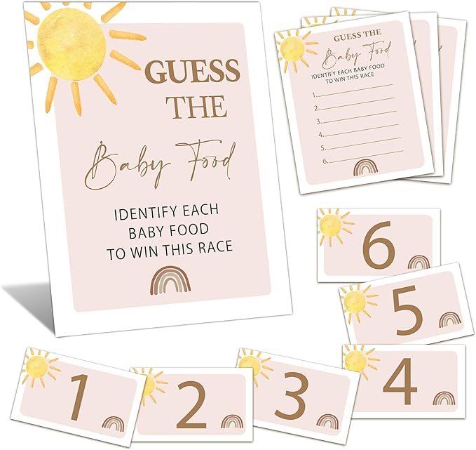 Guess the Baby Food Game Shower, 8x10 Inches Sign 25 Answer Cards and 6 Number Cards, Boho Sunshine Shower Party Decorations Supplies Favors - E04