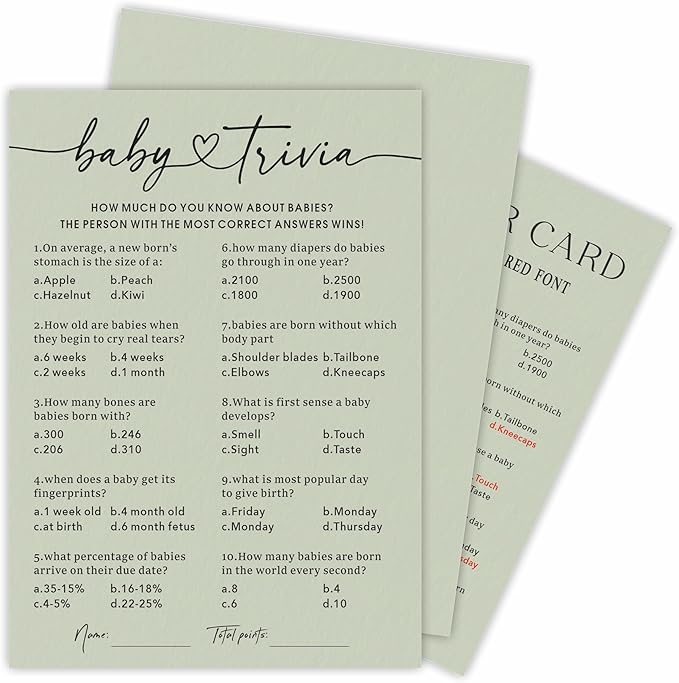 Baby Trivia Baby Shower Game Cards With Answer Card, Sage Green & Double-Sided Design, 30 Gender Neutral Game Cards For New Parents, Baby Shower Party, Baby Announcement, Party Favor & Decor - C12