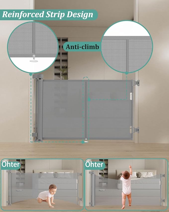Upgraded 59" Retractable Baby Gates with Reinforced Strip Design to Prevent Crawling Through, 34" Tall Retractable Dog Gate, 5 FT Retractable Gates for Stairs, Doorways, Hallways