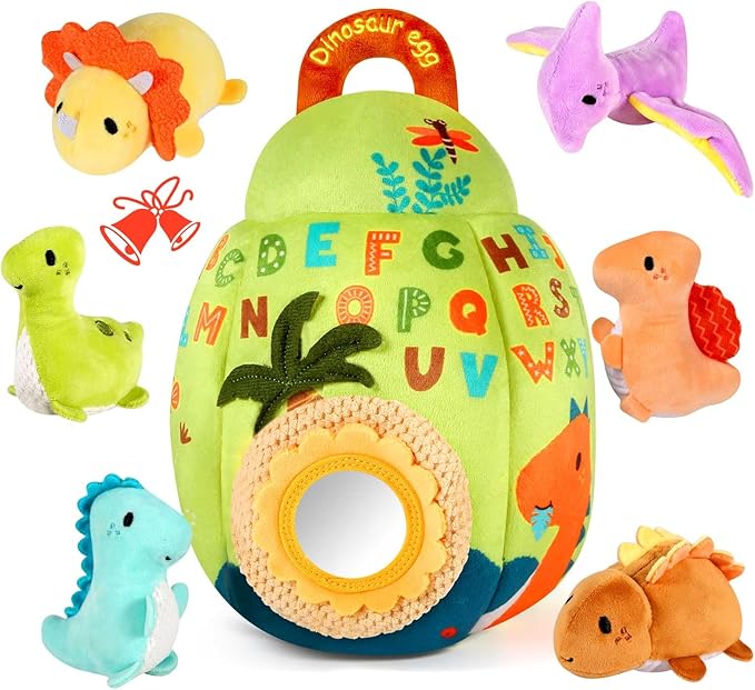 Baby Toys 6-12 Months - Soft Dinosaur Toy with Rattle, Crinkle Paper, Squeaker, Mirror - Baby Sensory Toys for 6 Month Old Developmental, Baby Montessori Toys for 1 Year Old Boy Girl Gifts