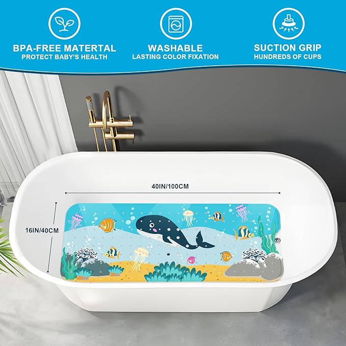 XIYUNTE Baby Bath Mat for Tub Non Slip Kids Bath Mat - 40''x16'' Extra Long Cartoon Whale Baby Bath Tub Mat Eco-Friendly Toddler Bath Mats with Suction Cups & Drain Holes, Easy to Clean & Easy Drying