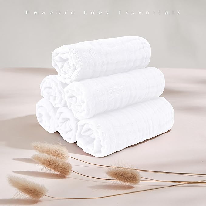 MOON PARK Baby Washcloths, 12 Pack - 12x12 Inches, Small Burp Cloths and Baby Wipes - 100% Cotton Muslin Ultra Soft for Newborn, Infant and Toddlers - White