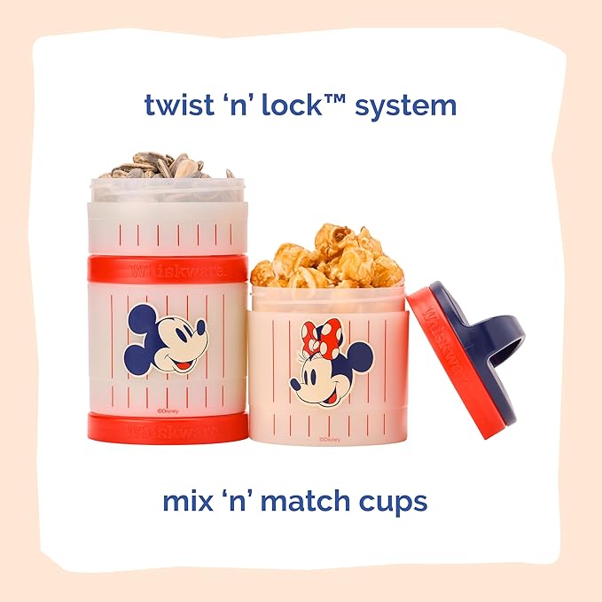 Whiskware Disney Mickey Mouse and Friends Stackable Snack Containers for Babies, Toddlers, and Kids, 3 Stackable Snack Cups for School and Travel, Cupholder Friendly, Mickey and Minnie! Baseball!