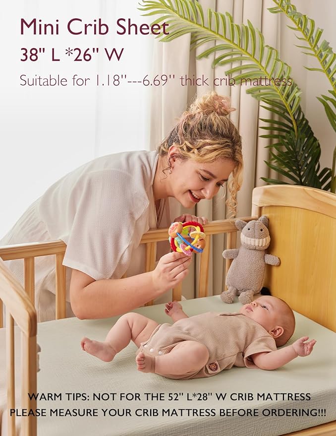 Momcozy Muslin Fitted Mini Crib Sheets, 38"x26", 2 Pack Soft Breathable Natural Cotton Baby Mattress Sheet, 360° Mattress Wrapping No Slip Boys Girls Neutral Toddler Bed Sheet, Grey Green