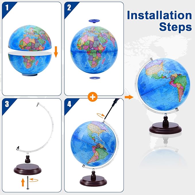 World Globe for Children and Adults, 13 inch Educational Spinning Earth Map with Stand, Self-Assembled Interactive World Globes for Kids Learning, Classroom, Students Desk, Room and Office Decor