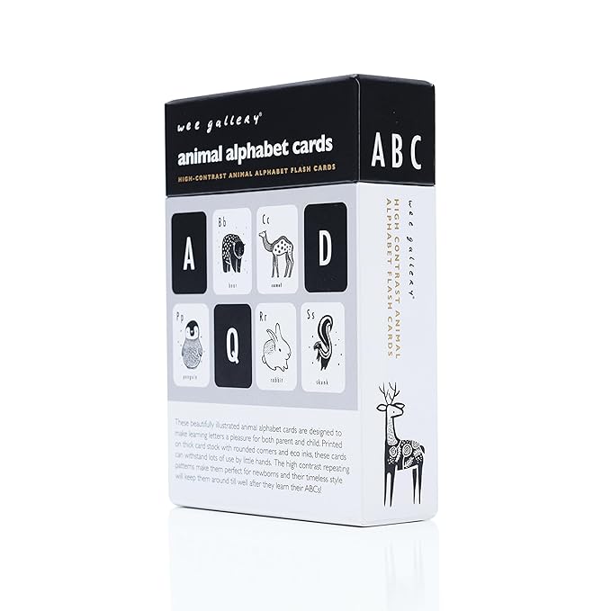 Wee Gallery Educational Flashcards for Babies, Double Sided Black and White Learning Flash cards, Animal Alphabet Cards for Visual Stimulation and Cognitive Development of Infants and Toddlers