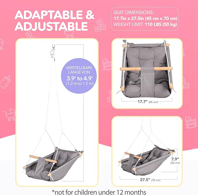 CaTeam Canvas Toddler Swing – Indoor/Outdoor Hanging Chair for Patio & Playroom with Safety Belt – Wooden Baby Seat for Ages 12+ Months – Dark Gray