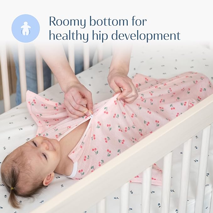 SleepingBaby Zipadee-Zip Transition Swaddle - Cozy Baby Swaddle Blanket with Zipper Convenience - Roomy Wearable Blanket for Easy Diaper Changes - Cherries, Small (4-8 Month)