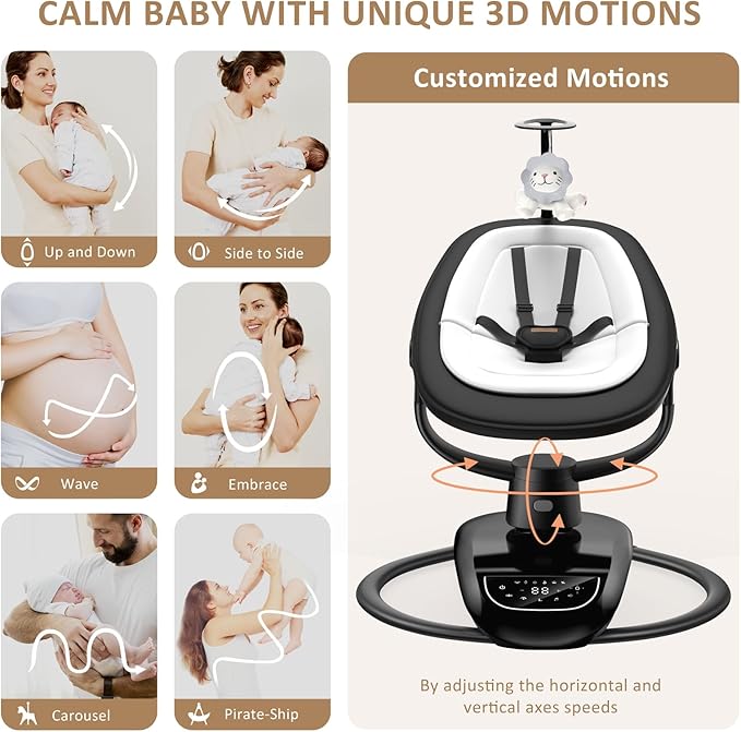 Angelbliss Baby Swing with Custom Motion, 3D-Motion Electric Swing with 6 Unique Motions & 4-Speeds, Bluetooth Enabled, 13 Preset Lullabies (Black)