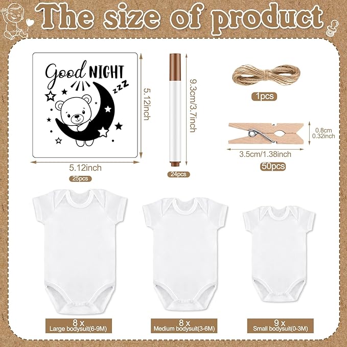 Panitay 126 Pcs Baby Shower DIY Bodysuit Set Rustic Kraft Baby Shower Game Sign DIY Bib 25 Blank White Newborn Bodysuit 25 Stencils 24 Marker 1 Sign 50 Pins for Gender Reveal(Kraft)