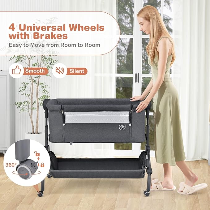 BABY JOY Baby Bassinet, 3-in-1 Rocking Bassinet w/Storage Basket, Double-Lock Design, 7 Adjustable Heights, Soft Mattress & Portable Travel Bag, Bassinet Bedside Sleeper for Newborns Infants (Gray)