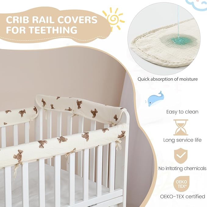 SZRUNZHU4pcs New Teething Edge Crib Rail Cover&Corner Guard Coverage Straps,Reversible Guardrail Cover Protector for Boys Girls (2 Long 2 Short Bear)