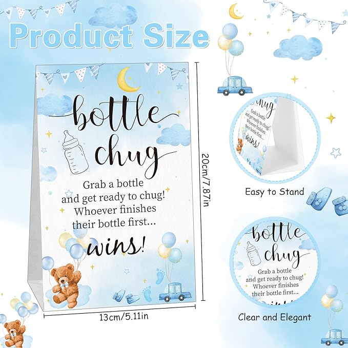 TrelaCo Bottle Chug Baby Shower Game 20 Pcs Baby Bottles Shower Favor with 1 Cute Bear Theme Sign for Gender Reveal Party Supplies Gifts(Blue)