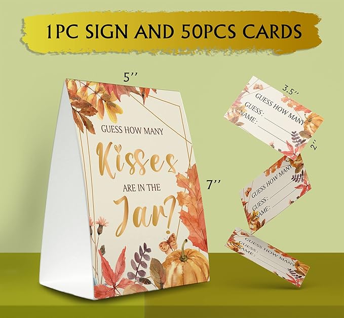 Fall Guess How Many Kisses Are in the Jar (1 Standing Sign + 50 Guessing Cards),Pumpkin Halloween,Bridal Shower Sign,Baby Shower Sign - QJ16