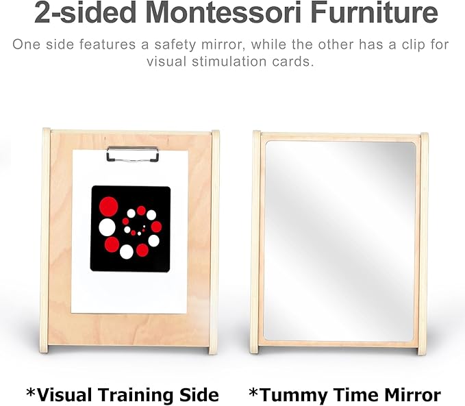 Baby Double-Sided Tummy Time Mirror w/ 2 Package High Contrast Visual Stimulation Cards, Sensory Activity Montessori Toys for 0-18+ Months Boys Girls