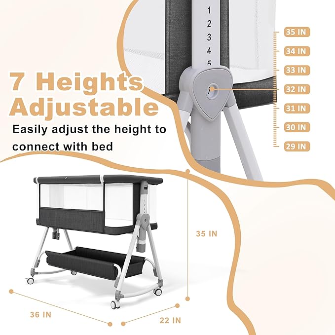 Baby Bassinet,3 in 1 Bedside Bassinet for Baby with Hanging Toys, Portable Foldable Bassinets Bedside Sleeper,4-Sided Mesh Bedside Crib with Wheels and Storage Basket,6 Height Adjustable (Black)