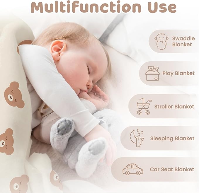 Bear Minky Baby Blanket 30 x 40 Inches for Boys Girls, Soft Plush Receiving Blanket with Dotted Back, Gift for Toddler Newborn Infant Christmas Birthday Baby Shower