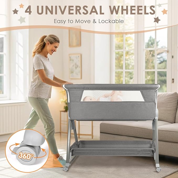 BIERUM Baby Bassinet for Baby - 7 Height Adjustable Bedside Bassinet with Lockable Wheels, Easy to Assemble Portable Bedside Crib with Large Storage Bag & Mattress for Newborn/Infant