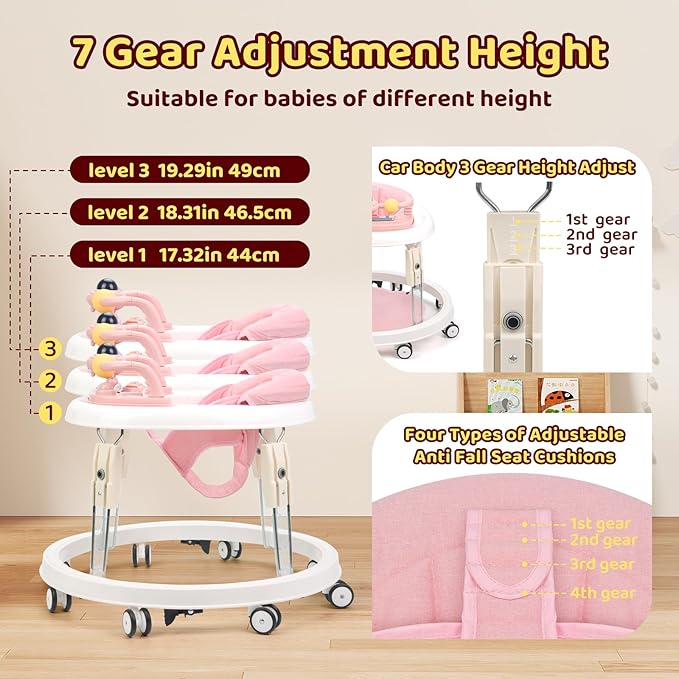 Baby Walker with Wheels,Music and Lights Baby Walker for Boys Girls 6-12 Months,Foldable Baby Walkers and Activity Center,Toddler Infant Walker with 7-Speed Height Adjustment,Detachable Plate,Pink