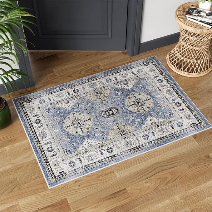 Dripex Vintage Collection Washable Area Rug - 2x3 Door Mat Small Entryway Rug Distressed Non-Slip Low-Pile Floor Carpet for Indoor Front Entrance Kitchen Bathroom Living Room Bedroom