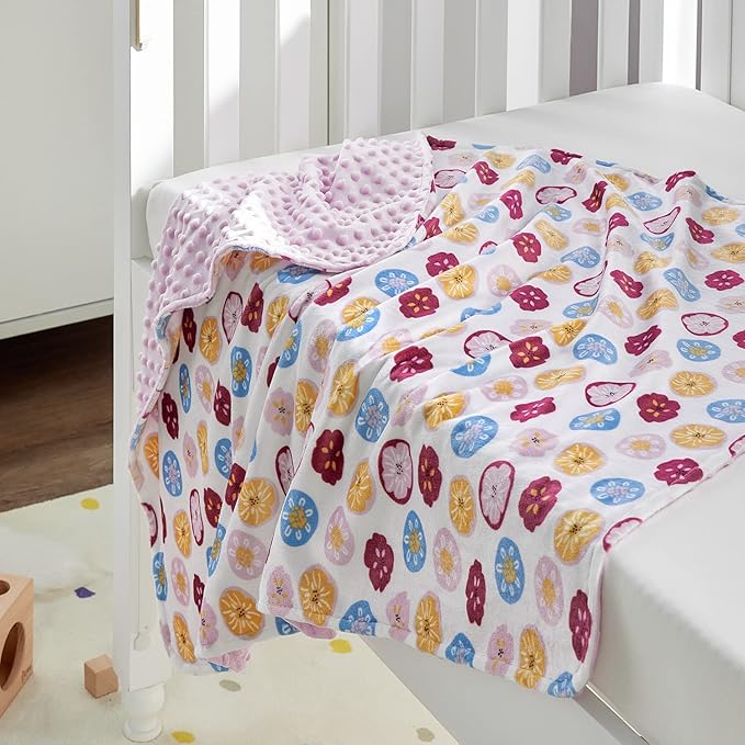 DaysU Silky Micro Soft Plush Baby Blankets for Girls with Print Floral Pattern and Soothing Raised Dots, Double Layer Bed Throws for Baby Crib, Flower, Pink, 30x40 Inches