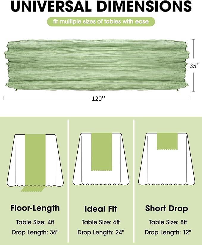 Pureegg 6-Pack Cheese Cloths Table Runner, 120'' Boho Table Cloth Decorations for Party, Baby Shower, Wedding and Farmhouse, Fabric Room Decor, Sage Green