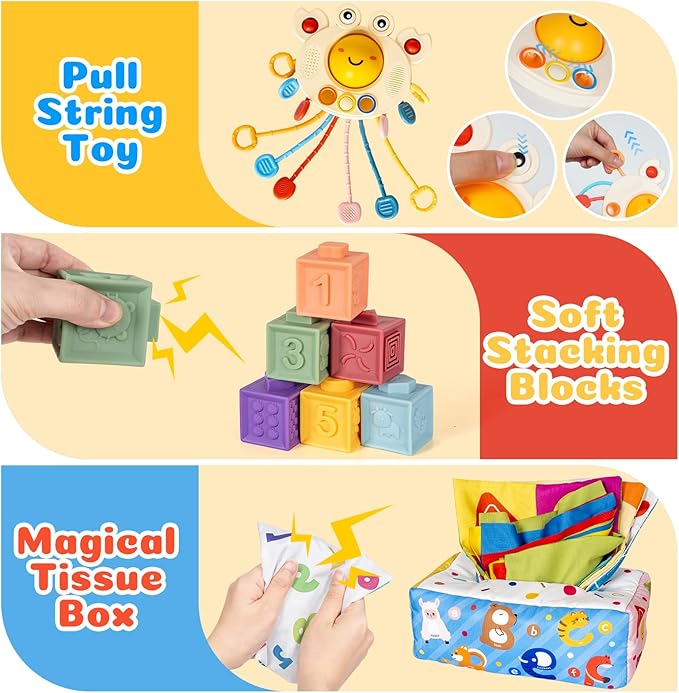 6 in 1 Montessori Toys for Babies 6–12 Months Stacking Block Soft Infant Ring Shape Learning Sensory Bin Pull String Teething Toy Tissue Box for Toddlers 1 2 3 Year Old Boy Girl Gift