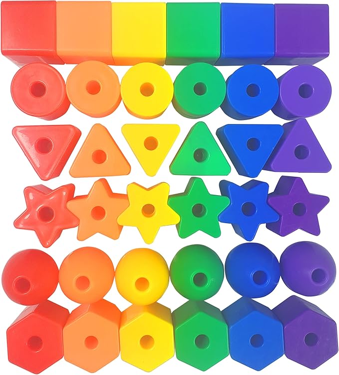 Toddler Toys - Big Lacing Beads Set for Fine Motor Skills & Hand-Eye Coordination - 36 Beads & 6 Strings - Color Sorting & Counting Educational Learning Toy Montessori Toys