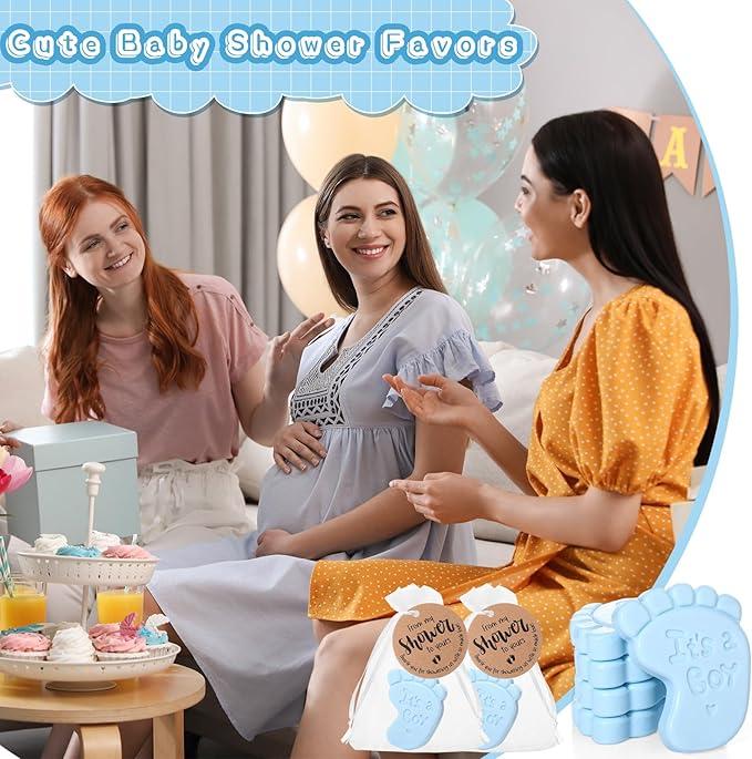 50 Sets Baby Shower Soap Favors for Guests Boy Girl Mini Handmade Scented Soaps with Thank You Tags and Organza Bags for Shower Gender Reveal Party Favors(It's A Boy,Blue Baby Feet)