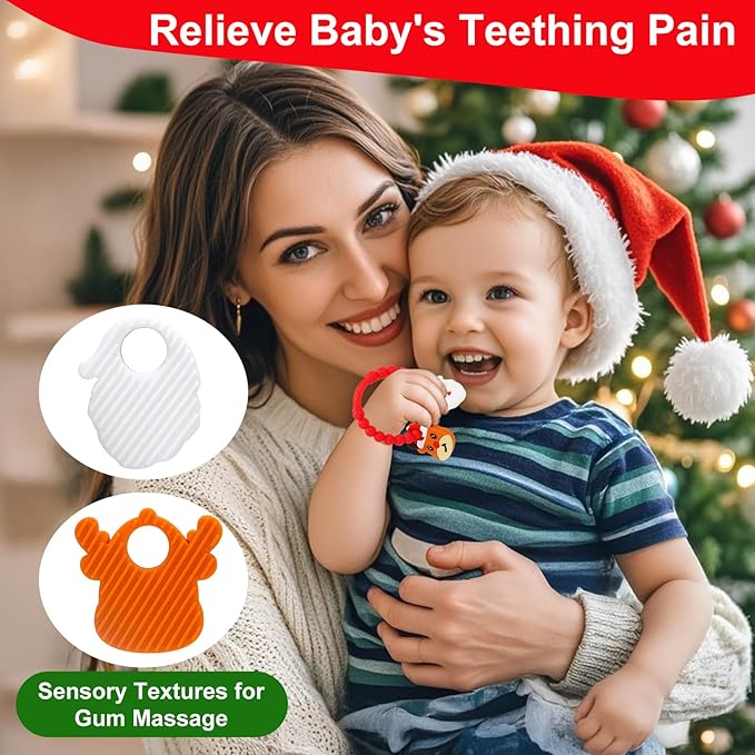 Christmas Baby Teething Ring Toys – Santa Claus & Reindeer Teethers for Newborns, Infants & Toddlers – Sensory Chew Bracelet for Teething Relief – Perfect Baby’s First Christmas Stocking Stuffers