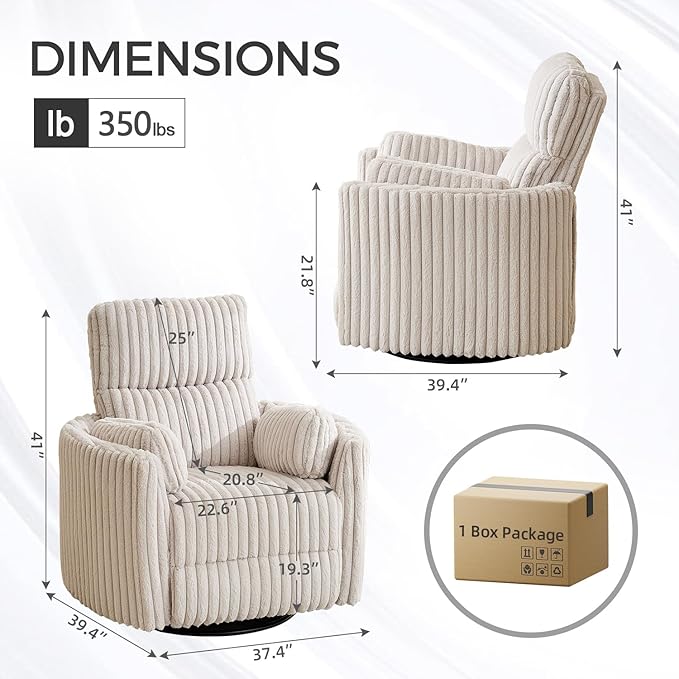 Power Swivel Glider Rocking Recliner Nursery Chair with 2 Pillows, Electric Rocker Reclining Chairs with Type-C & USB Charger Port for Living Room, High Back Barrel Armchair for Bedroom,Corduroy,Beige